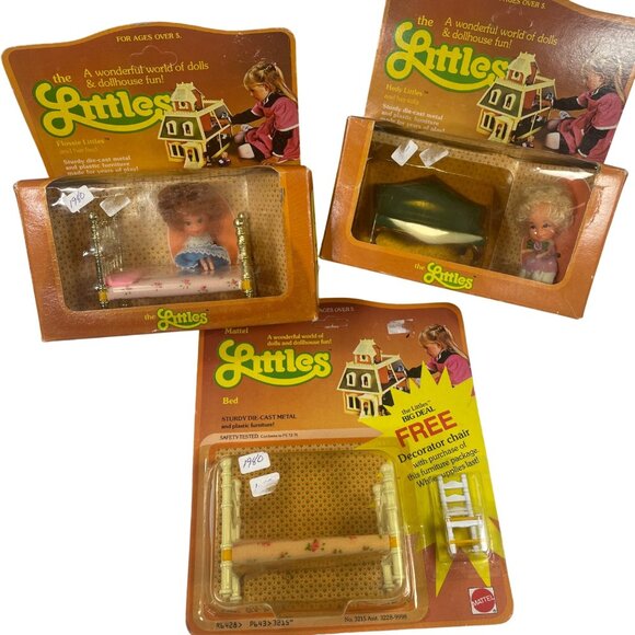 3 Mattel The Littles Vintage Dollhouse Set - Flossie Hedy Dolls Bed & Chair Box